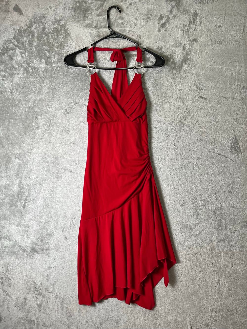 Vintage Y2k Halter Dress Ruched Asymmetrical Hem Romantic Evening Cocktail M